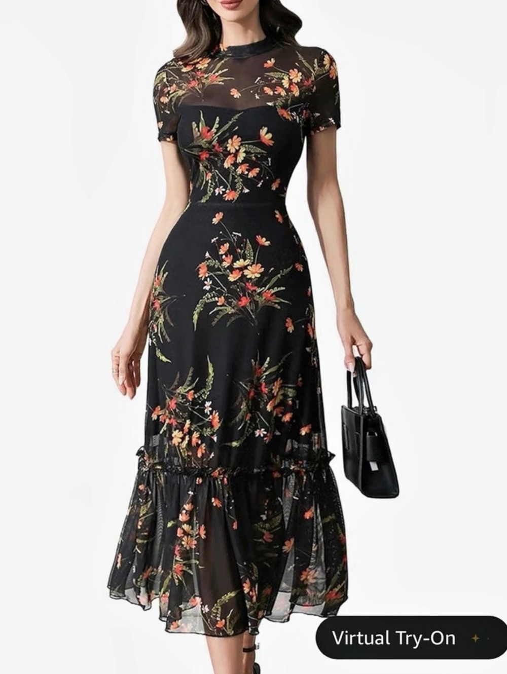 GothDark Floral Print Vintage Goth Dress Mesh Spliced Double-Layered